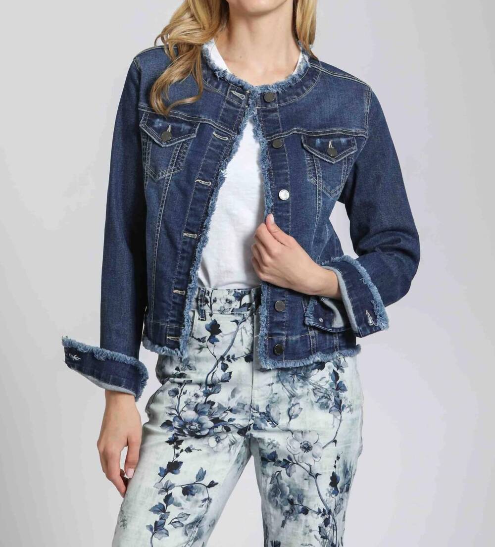NEW APNY collarless jean jacket with frayed detail in classic indigo